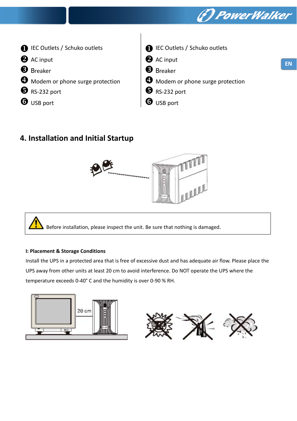 Installation and initial startup | PowerWalker VI 1000 User Manual | Page 6 / 220