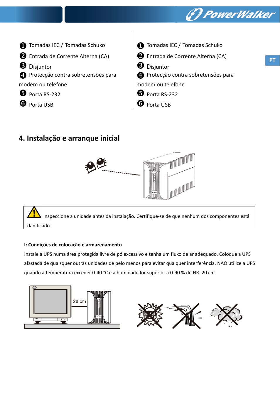 Instalação e arranque inicial | PowerWalker VI 1000 User Manual | Page 61 / 220