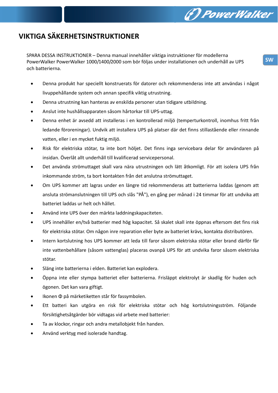 Viktiga säkerhetsinstruktioner | PowerWalker VI 1000 User Manual | Page 68 / 220