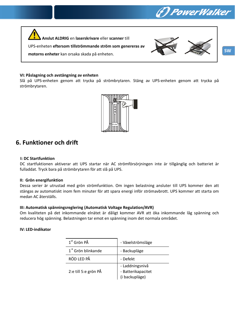 Funktioner och drift | PowerWalker VI 1000 User Manual | Page 74 / 220