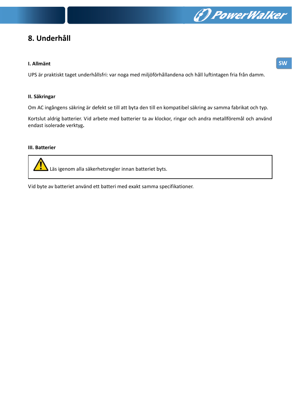 Underhåll | PowerWalker VI 1000 User Manual | Page 76 / 220