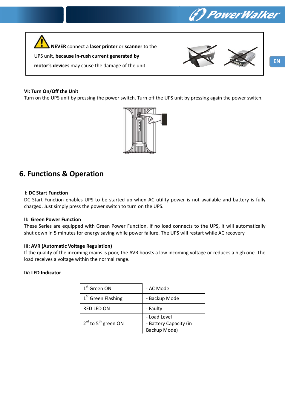 Functions & operation | PowerWalker VI 1000 User Manual | Page 8 / 220