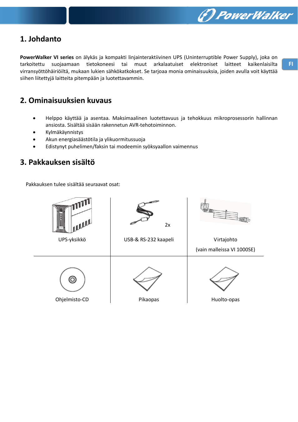 Johdanto, Ominaisuuksien kuvaus, Pakkauksen sisältö | PowerWalker VI 1000 User Manual | Page 81 / 220