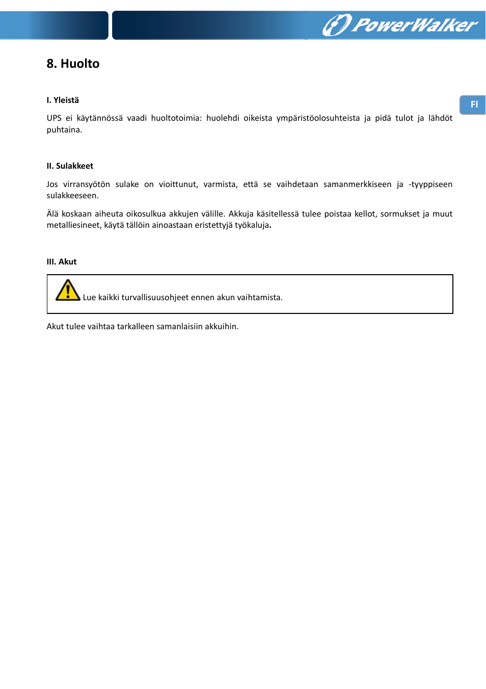 Huolto | PowerWalker VI 1000 User Manual | Page 87 / 220