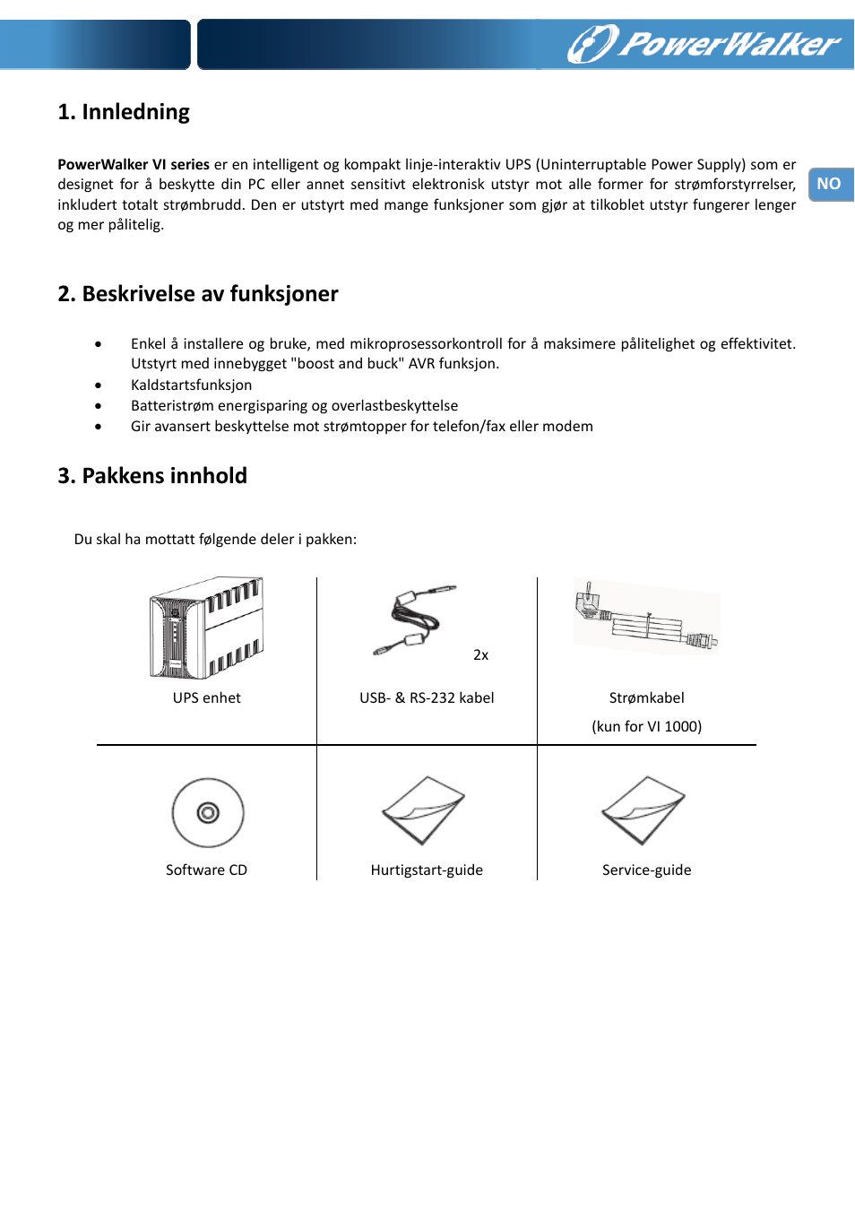 Innledning, Beskrivelse av funksjoner, Pakkens innhold | PowerWalker VI 1000 User Manual | Page 92 / 220