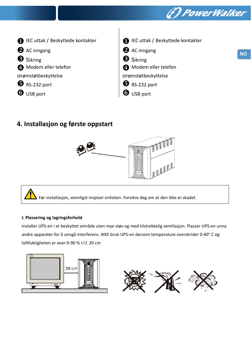 Installasjon og første oppstart | PowerWalker VI 1000 User Manual | Page 94 / 220