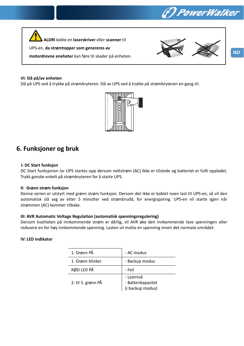 Funksjoner og bruk | PowerWalker VI 1000 User Manual | Page 96 / 220