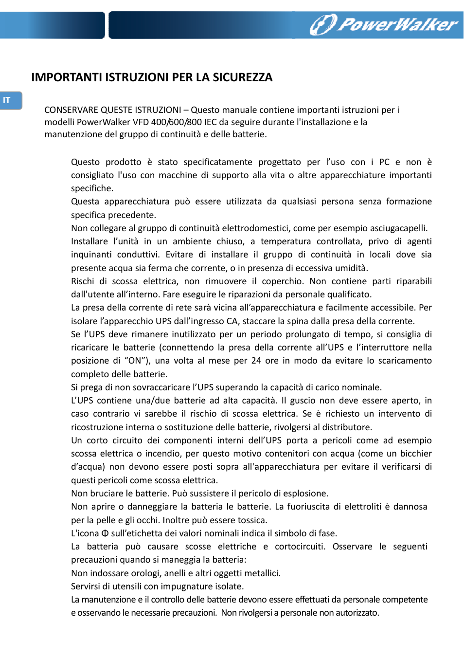 Importanti istruzioni per la sicurezza | PowerWalker VFD 600 IEC User Manual | Page 34 / 64