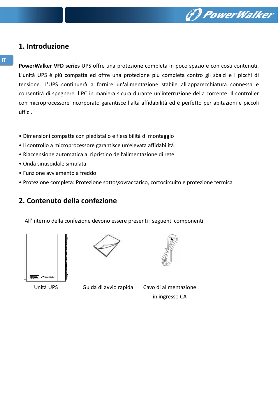 Introduzione, Contenuto della confezione | PowerWalker VFD 600 IEC User Manual | Page 36 / 64