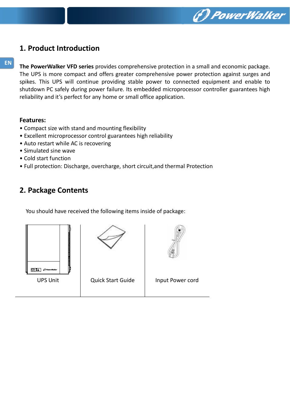 Product introduction, Package contents | PowerWalker VFD 600 IEC User Manual | Page 4 / 64