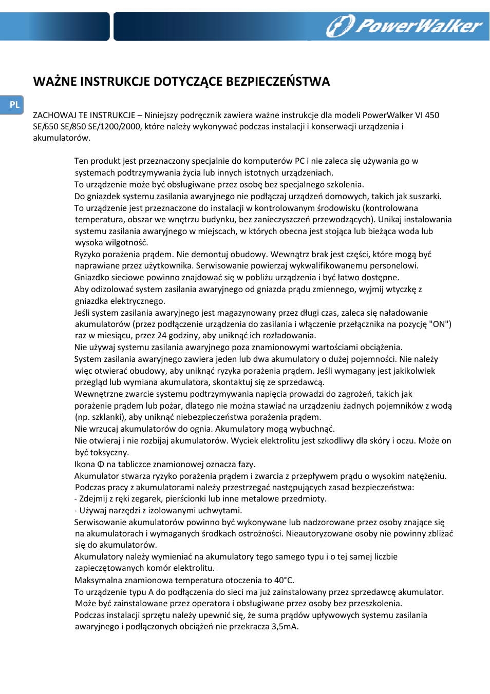 Ważne instrukcje dotyczące bezpieczeństwa | PowerWalker VFD 600 IEC User Manual | Page 58 / 64