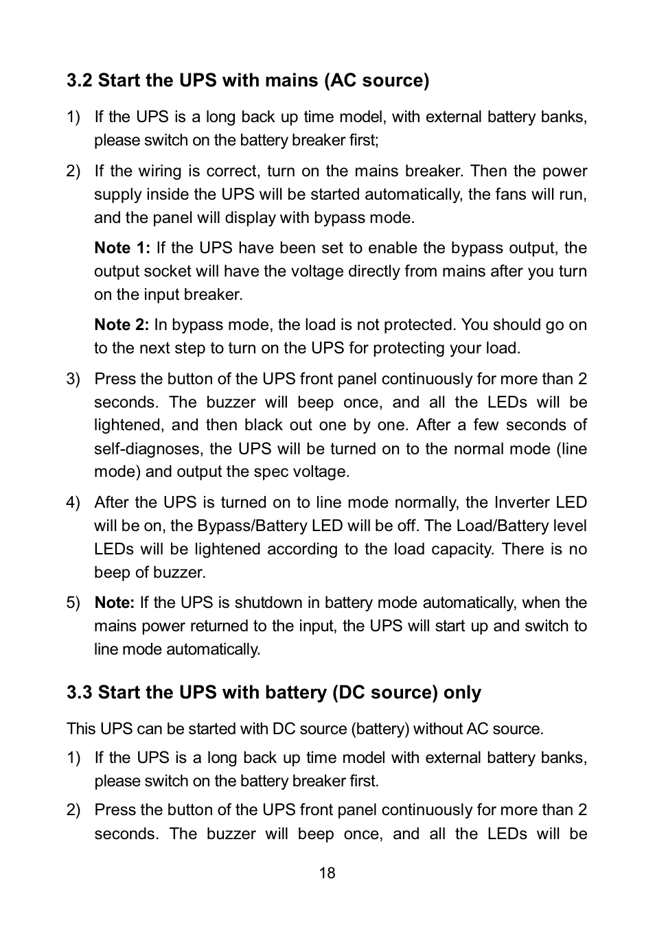 2 start the ups with mains (ac source), 3 start the ups with battery (dc source) only | PowerWalker VFI 6000LE Plus User Manual | Page 21 / 34