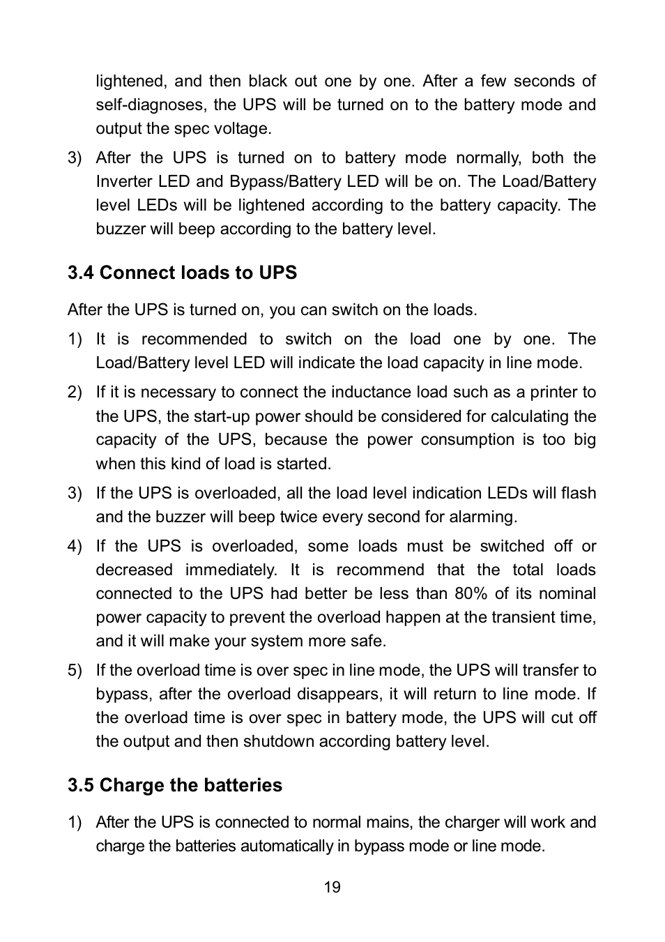 4 connect loads to ups, 5 charge the batteries | PowerWalker VFI 6000LE Plus User Manual | Page 22 / 34