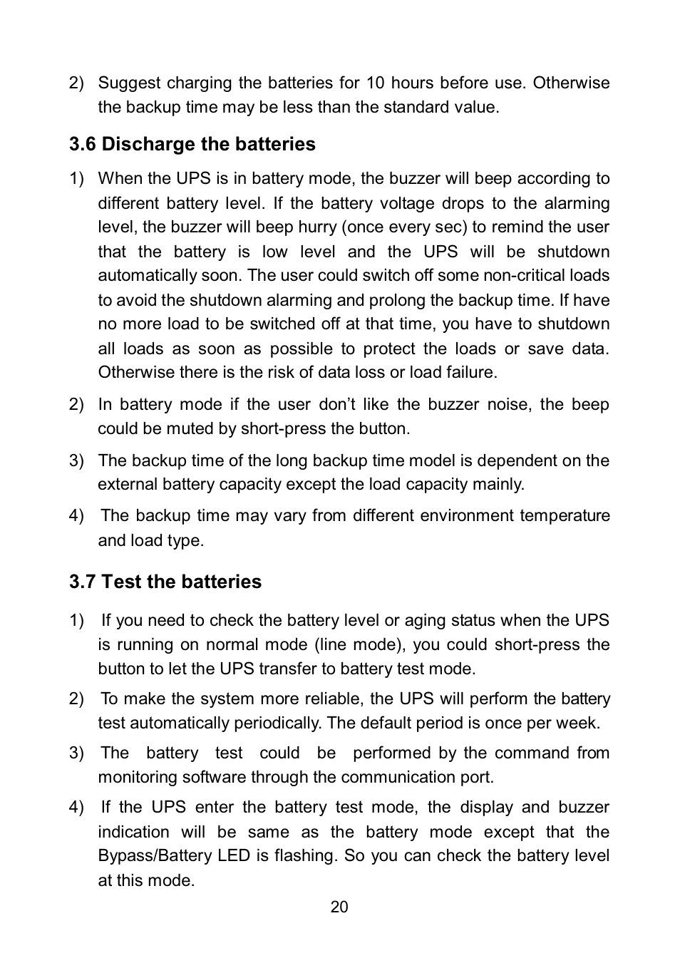 6 discharge the batteries, 7 test the batteries | PowerWalker VFI 6000LE Plus User Manual | Page 23 / 34