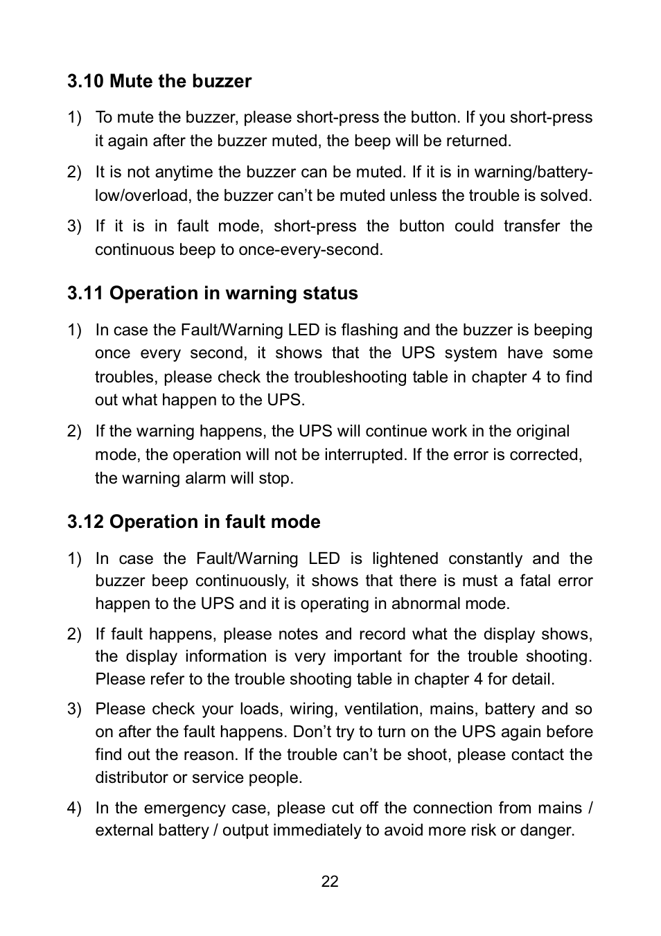 10 mute the buzzer, 11 operation in warning status, 12 operation in fault mode | PowerWalker VFI 6000LE Plus User Manual | Page 25 / 34