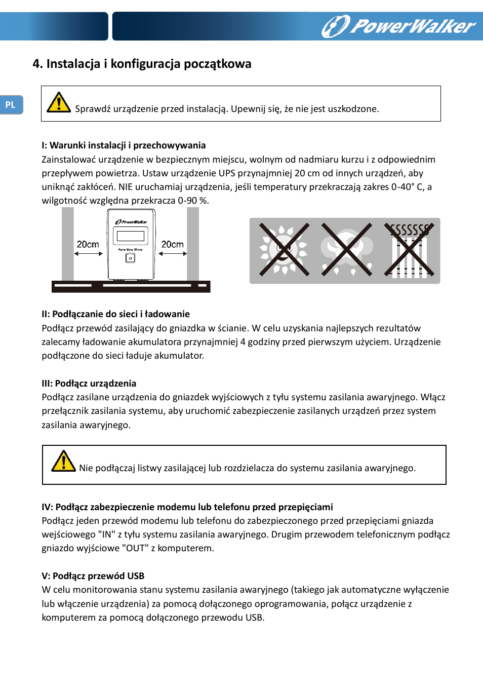 Instalacja i konfiguracja początkowa | PowerWalker VI 600 SW User Manual | Page 110 / 160