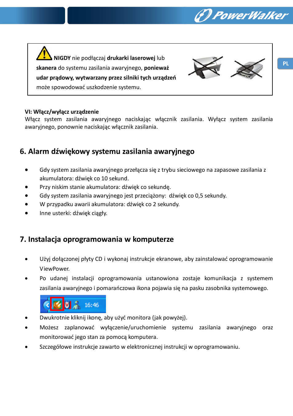 Alarm dźwiękowy systemu zasilania awaryjnego, Instalacja oprogramowania w komputerze | PowerWalker VI 600 SW User Manual | Page 111 / 160