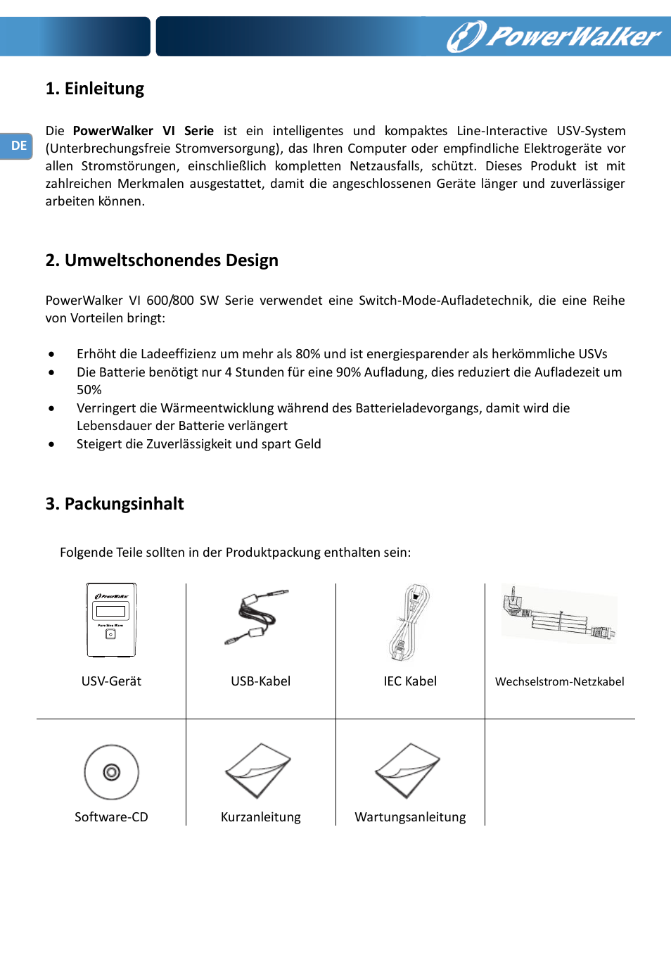 Einleitung, Umweltschonendes design, Packungsinhalt | PowerWalker VI 600 SW User Manual | Page 12 / 160