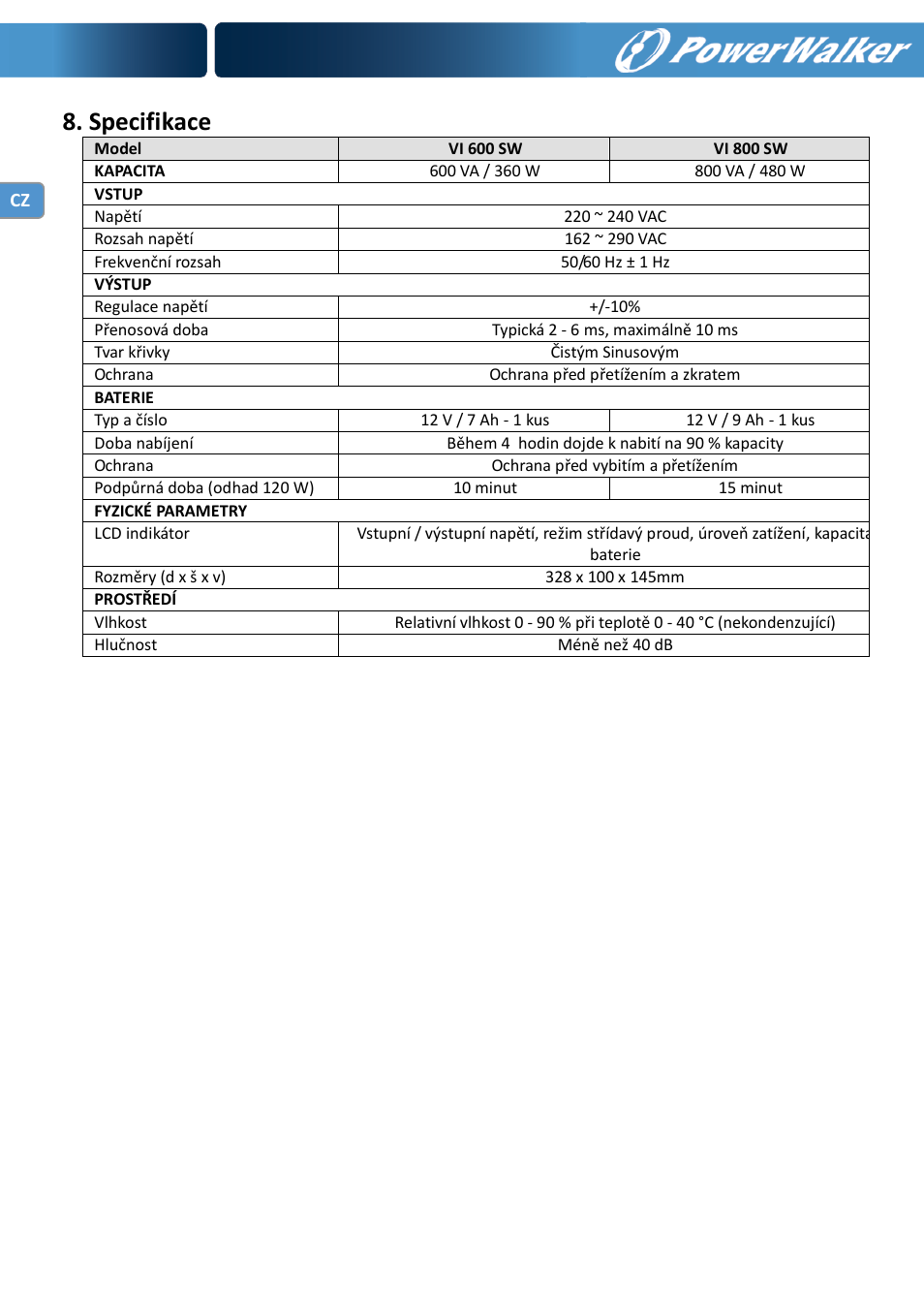 Specifikace | PowerWalker VI 600 SW User Manual | Page 120 / 160