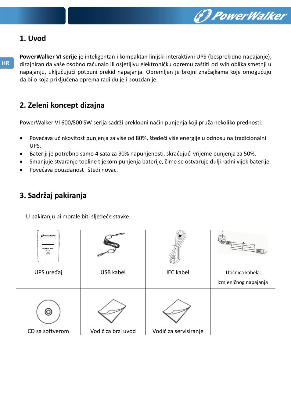 Uvod, Zeleni koncept dizajna, Sadržaj pakiranja | PowerWalker VI 600 SW User Manual | Page 124 / 160