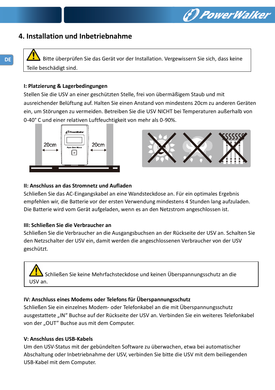 Installation und inbetriebnahme | PowerWalker VI 600 SW User Manual | Page 14 / 160
