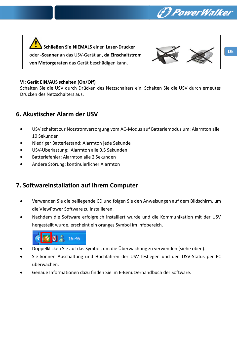 Akustischer alarm der usv, Softwareinstallation auf ihrem computer | PowerWalker VI 600 SW User Manual | Page 15 / 160