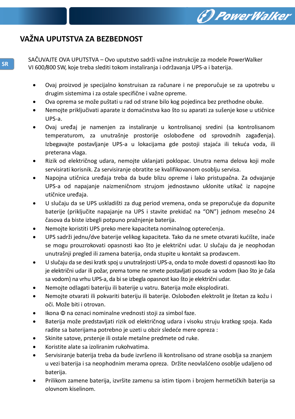 Važna uputstva za bezbednost | PowerWalker VI 600 SW User Manual | Page 154 / 160
