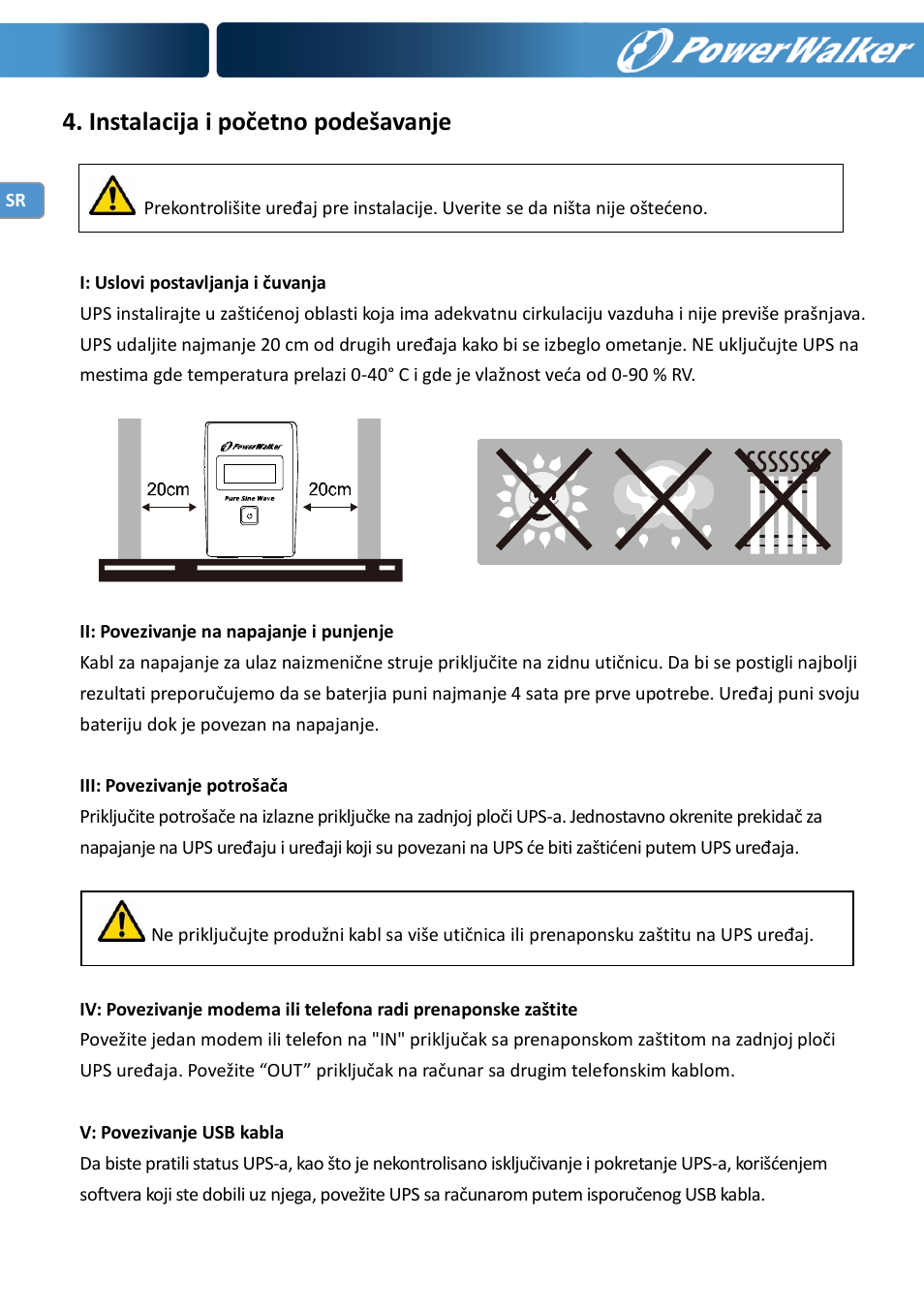 Instalacija i početno podešavanje | PowerWalker VI 600 SW User Manual | Page 158 / 160