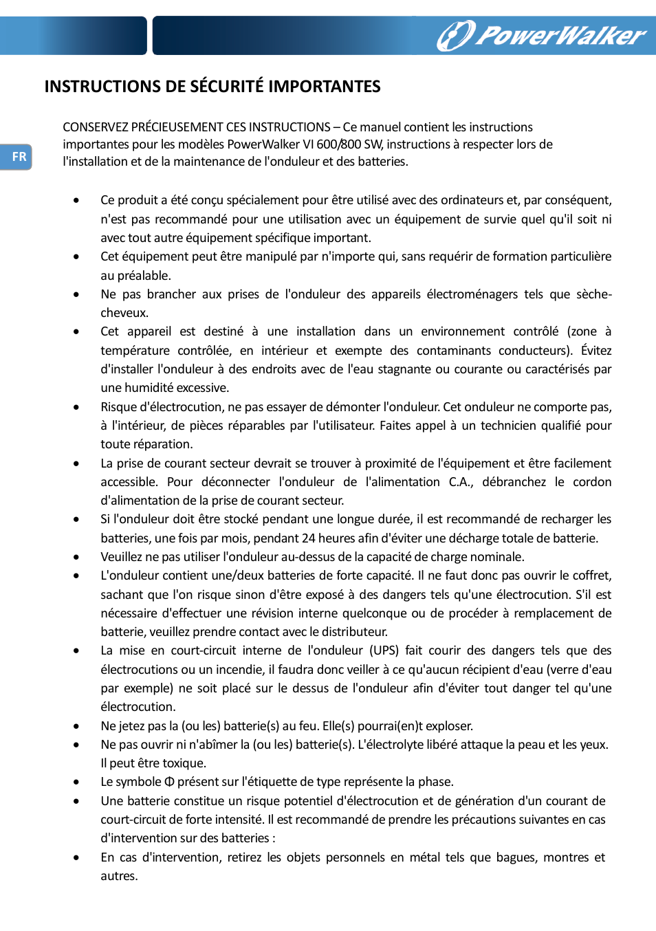 Instructions de sécurité importantes | PowerWalker VI 600 SW User Manual | Page 18 / 160