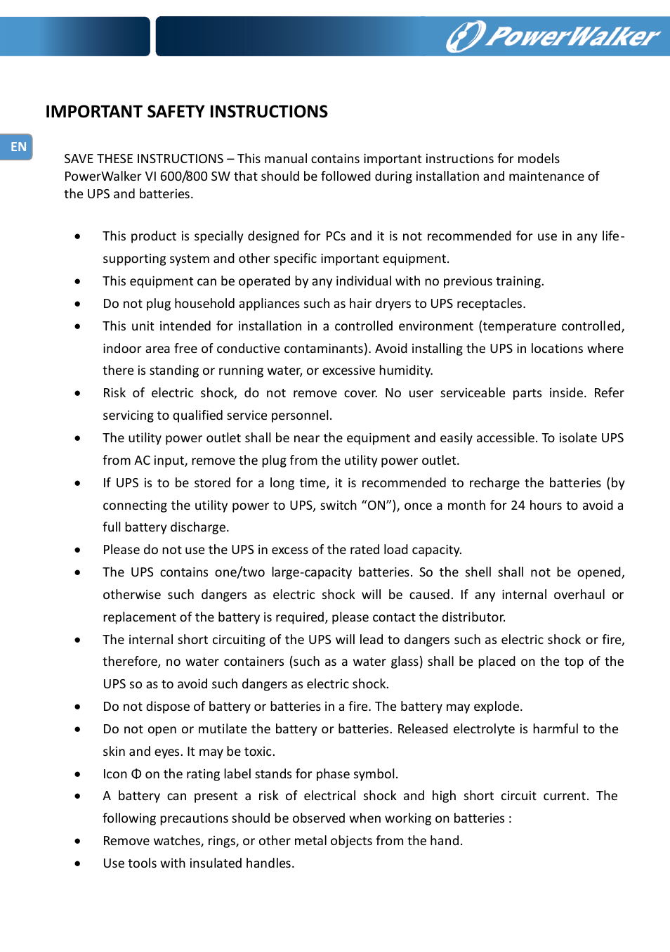 Important safety instructions | PowerWalker VI 600 SW User Manual | Page 2 / 160