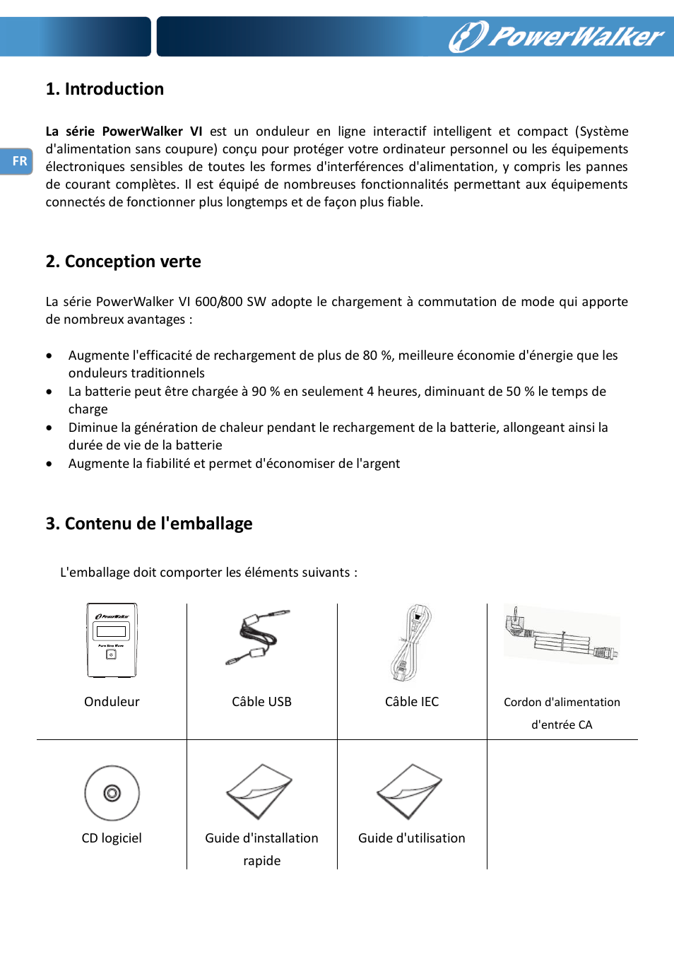 Introduction, Conception verte, Contenu de l'emballage | PowerWalker VI 600 SW User Manual | Page 20 / 160