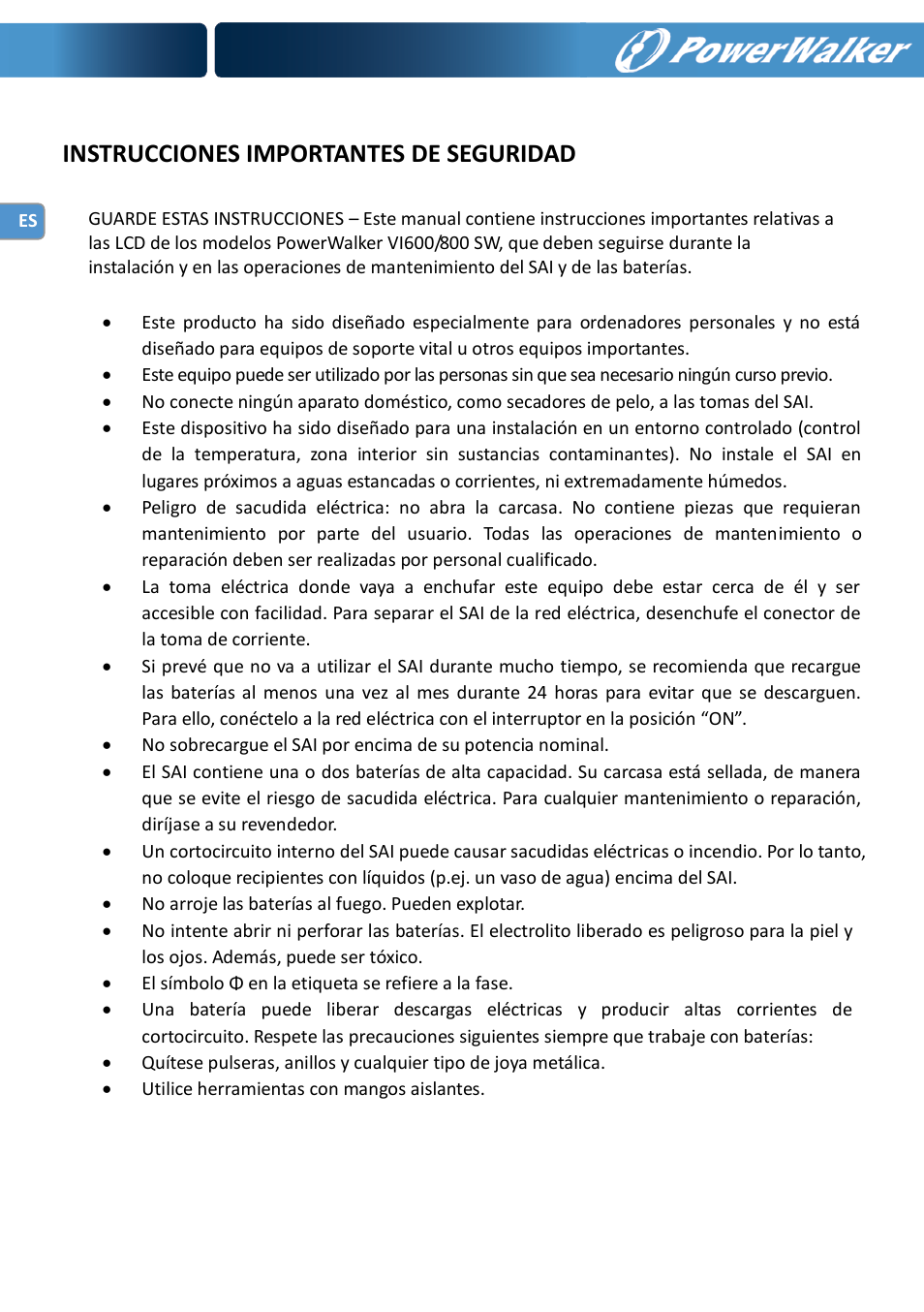 Instrucciones importantes de seguridad | PowerWalker VI 600 SW User Manual | Page 26 / 160