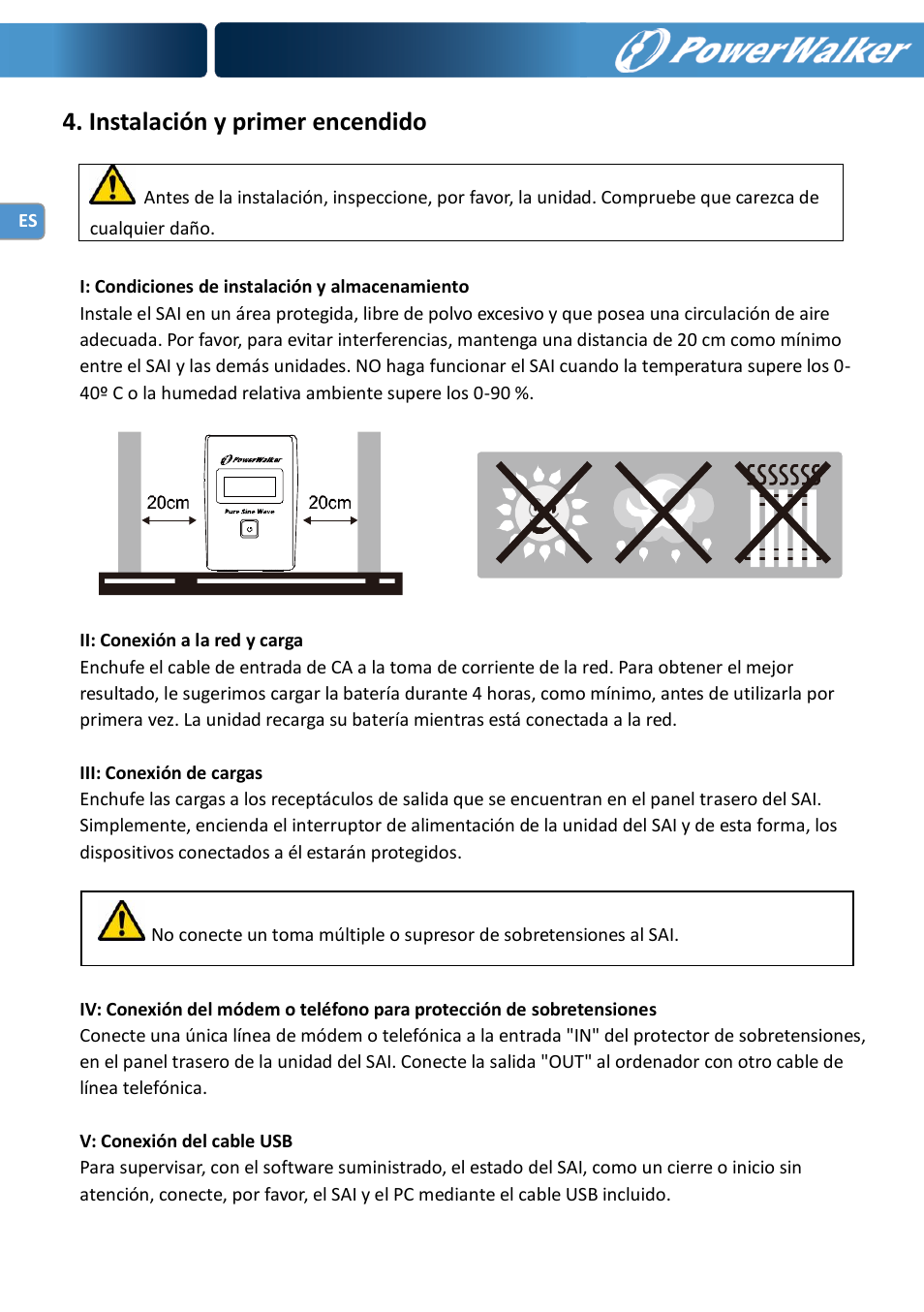 Instalación y primer encendido | PowerWalker VI 600 SW User Manual | Page 30 / 160