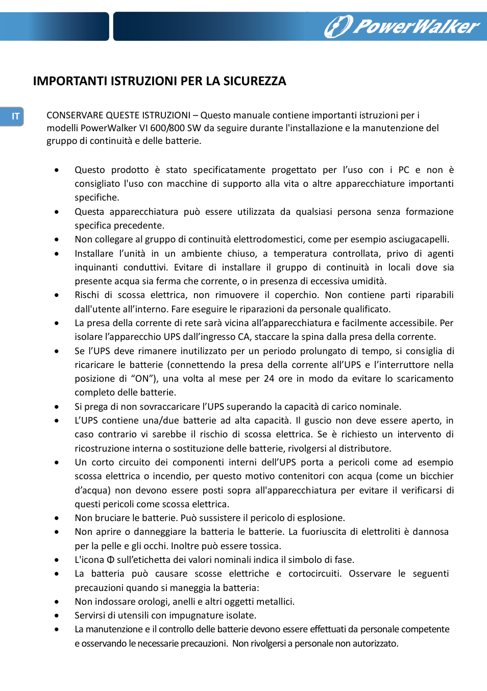 Importanti istruzioni per la sicurezza | PowerWalker VI 600 SW User Manual | Page 34 / 160