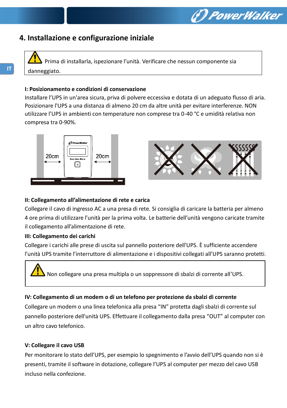 Installazione e configurazione iniziale | PowerWalker VI 600 SW User Manual | Page 38 / 160