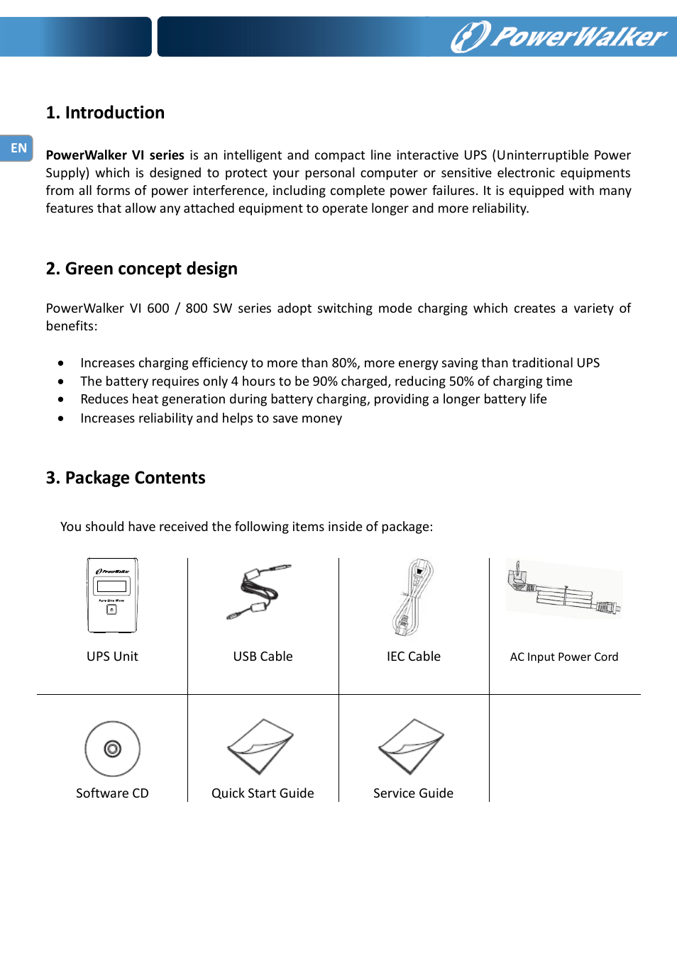Introduction, Green concept design, Package contents | PowerWalker VI 600 SW User Manual | Page 4 / 160