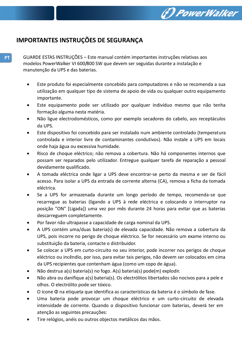 Importantes instruçõ es de segurança | PowerWalker VI 600 SW User Manual | Page 42 / 160