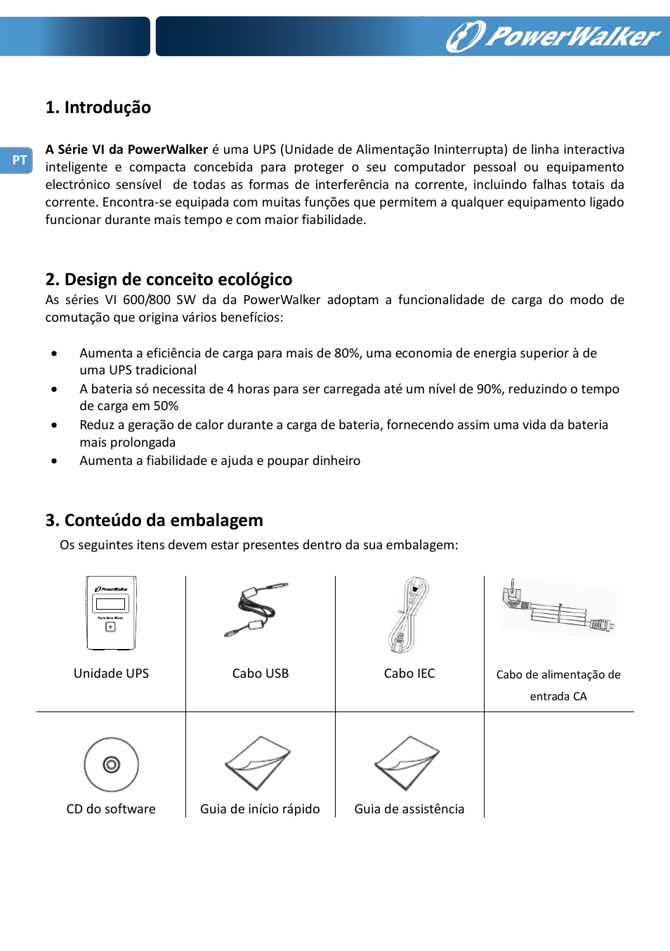 Introdução, Design de conceito ecológico, Conteúdo da embalagem | PowerWalker VI 600 SW User Manual | Page 44 / 160