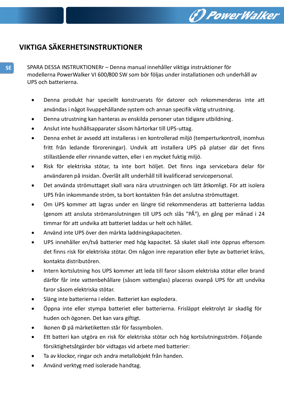 Viktiga säkerhetsinstruktioner | PowerWalker VI 600 SW User Manual | Page 50 / 160