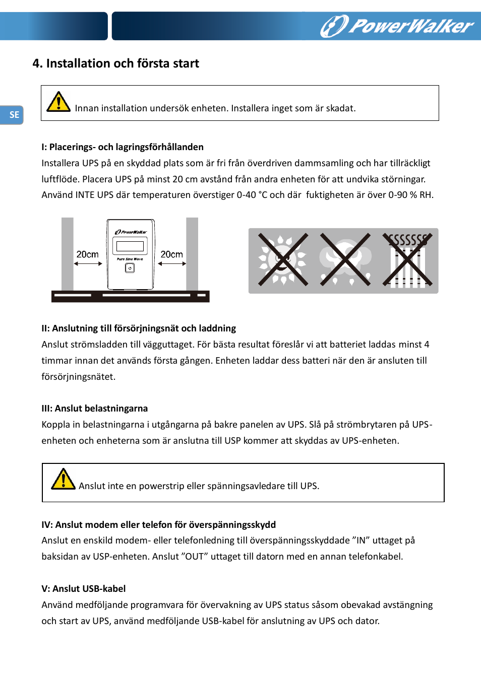 Installation och första start | PowerWalker VI 600 SW User Manual | Page 54 / 160