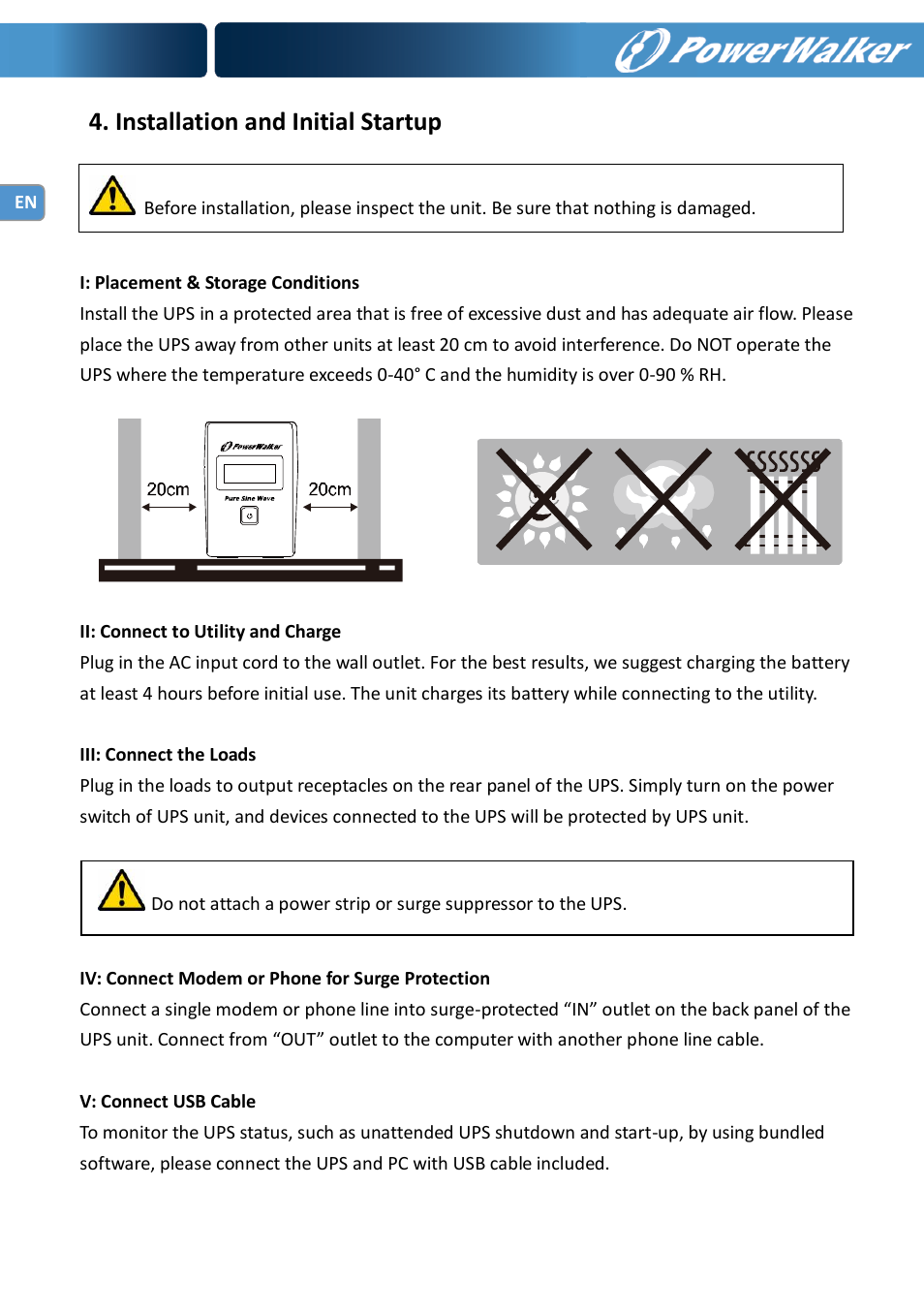 Installation and initial startup | PowerWalker VI 600 SW User Manual | Page 6 / 160