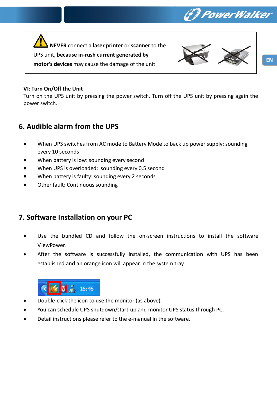 Audible alarm from the ups, Software installation on your pc | PowerWalker VI 600 SW User Manual | Page 7 / 160