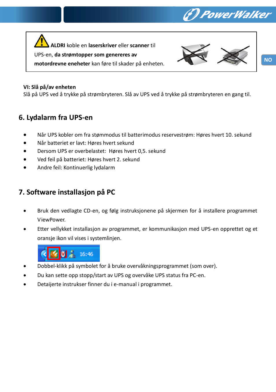 Lydalarm fra ups-en, Software installasjon på pc | PowerWalker VI 600 SW User Manual | Page 71 / 160