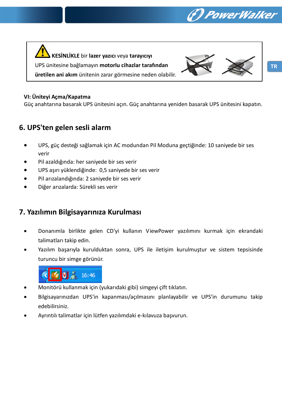 Ups'ten gelen sesli alarm, Yazılımın bilgisayarınıza kurulması | PowerWalker VI 600 SW User Manual | Page 79 / 160