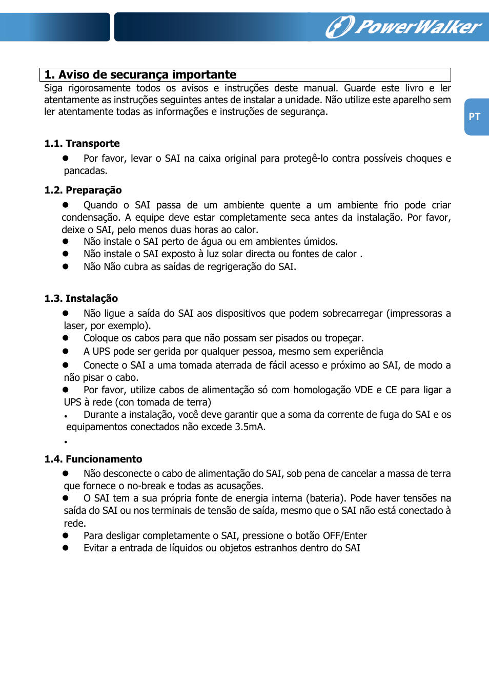 Ru pt, Aviso de securança importante | PowerWalker VFI 1000R LCD User Manual | Page 128 / 142