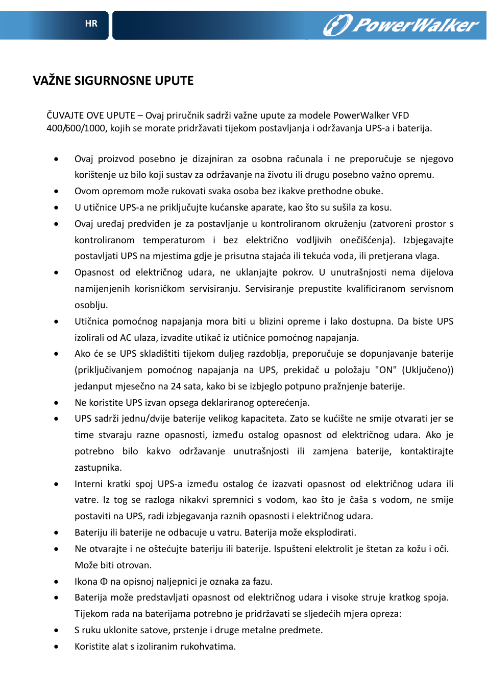 Važne sigurnosne upute | PowerWalker VFD 600 User Manual | Page 122 / 160