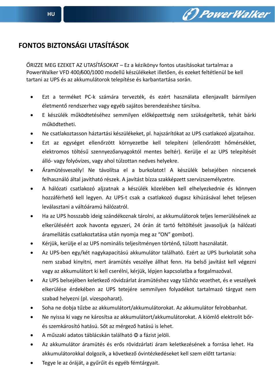Fontos biztonsági utasítások | PowerWalker VFD 600 User Manual | Page 130 / 160