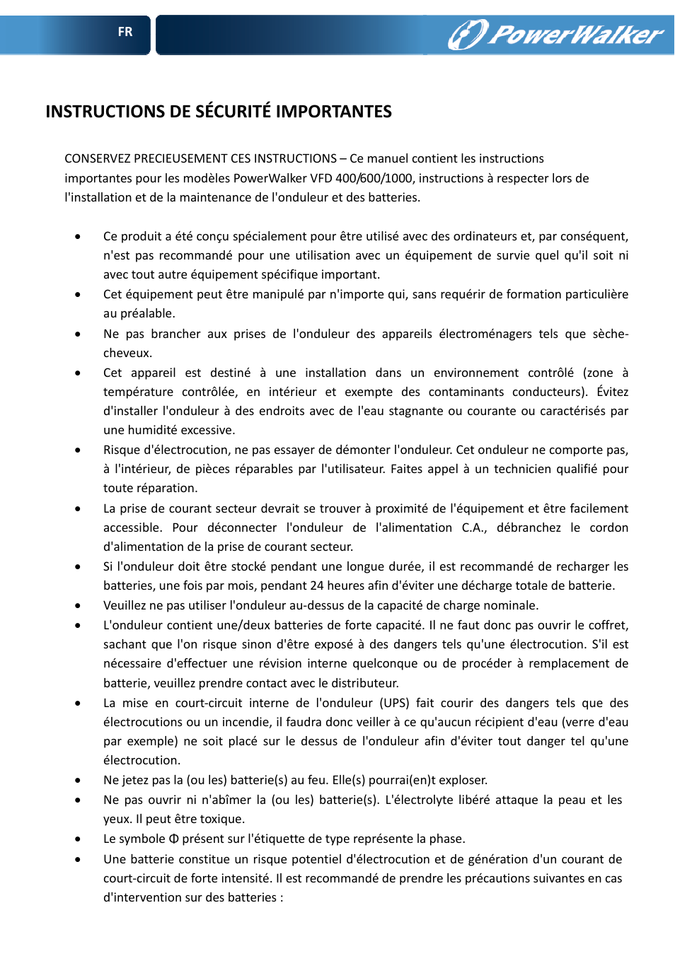 Instructions de sécurité importantes | PowerWalker VFD 600 User Manual | Page 18 / 160