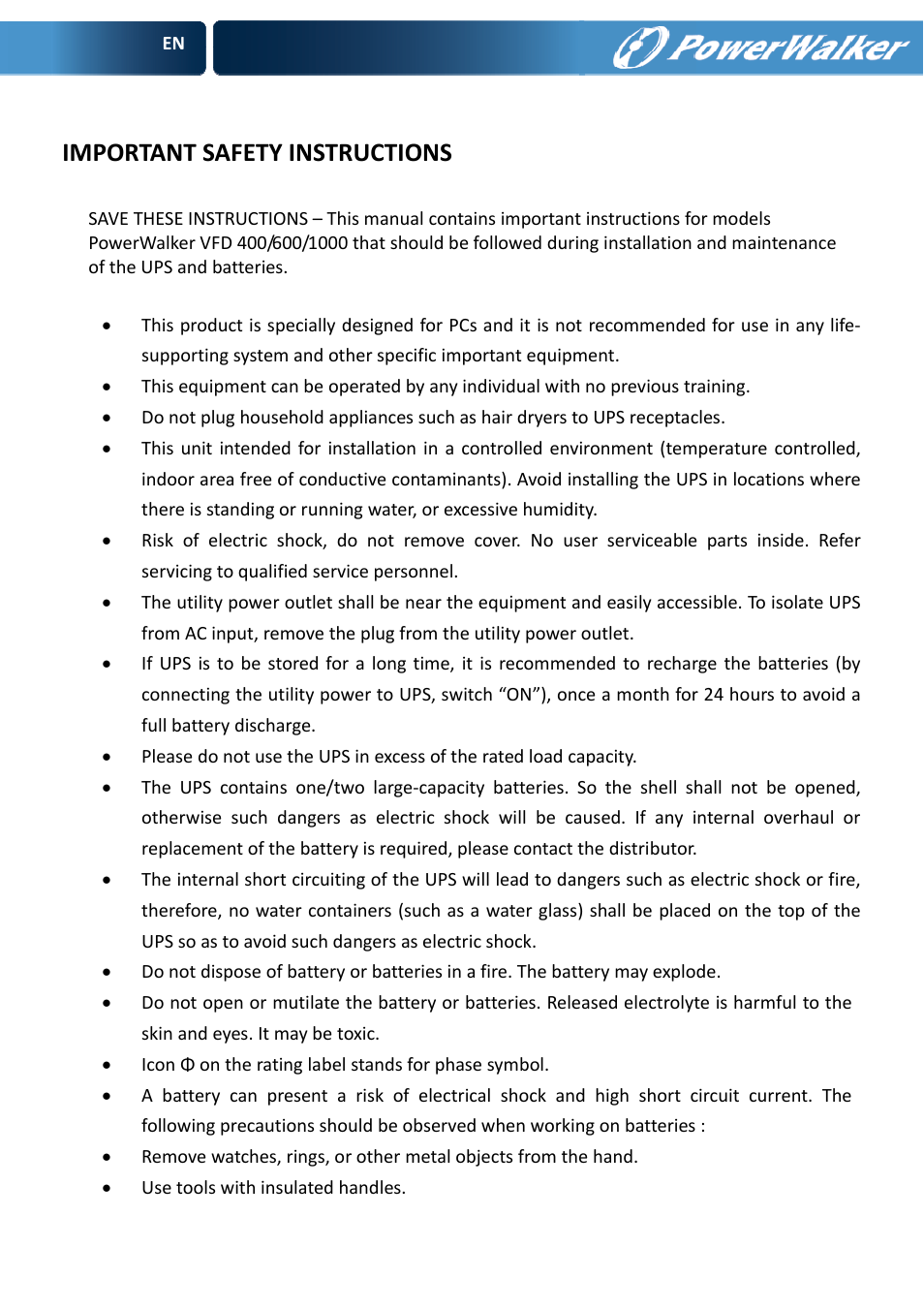 Important safety instructions | PowerWalker VFD 600 User Manual | Page 2 / 160