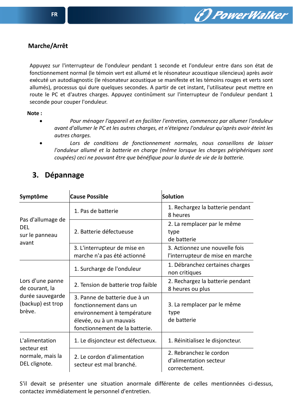 Dépannage | PowerWalker VFD 600 User Manual | Page 23 / 160